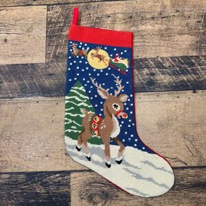 Handmade Needlepoint Wool Christmas Stocking Rudolph Santa Sleigh Winter Holiday